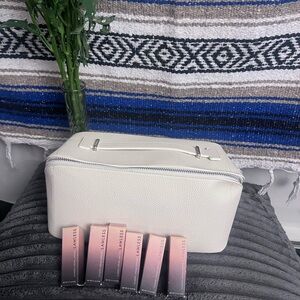 LAWLESS lot of 6 Cream Satin Lipsticks and Cream/White Cosmetic Bag